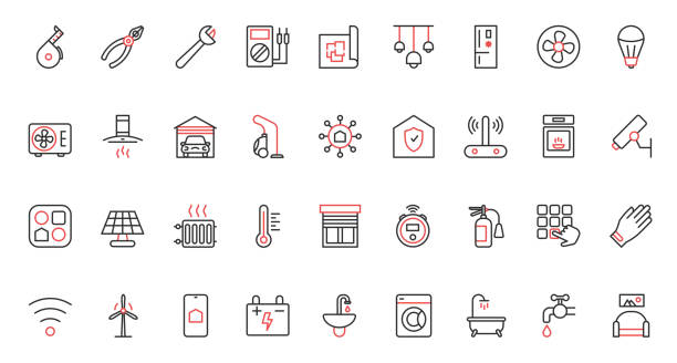 smart home systems trendy red black thin line icons set, electrical appliances and devices, lighting. - butchers shop audio stock illustrations