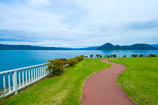 Scenery of Lake Toya and Mt. Yotei at Toyako onsen in Hokkaido, Japan.