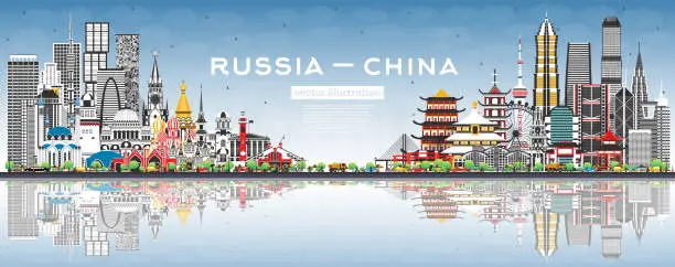 Vector illustration of Russia and China skyline with gray buildings, blue sky and reflections. Famous landmarks. China and Russia concept. Diplomatic relations between countries.