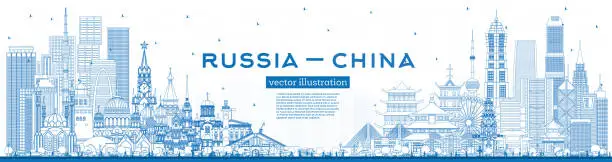 Vector illustration of Outline Russia and China skyline with blue buildings. Famous landmarks. Vector illustration. China and Russia concept. Diplomatic relations between countries.