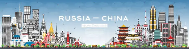 Vector illustration of Russia and China skyline with gray buildings and blue sky. Famous landmarks. China and Russia concept. Diplomatic relations between countries.