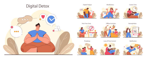 Digital detox set. Characters practicing mindfulness, reducing screen Digital detox set. Characters practicing mindfulness, reducing screen time, and enjoying tech-free zones. Disconnected or turned off gadget. Balanced life and mental health. Flat vector illustration off balance stock illustrations
