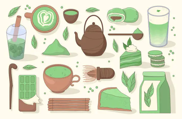 Vector illustration of Matcha food set. Delicious sweets and drinks with green tea powder ingredient