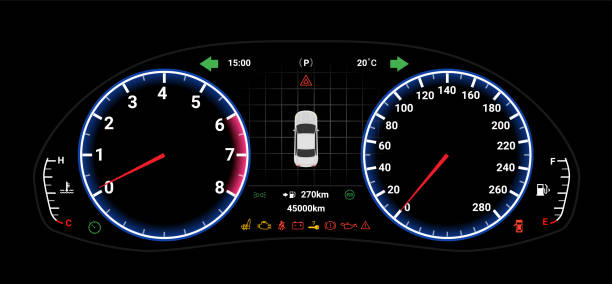 цифровая приборная панель автомобиля, спидометр, дисплей топливной панели. шаблон векторного дизайна панели приборной панели автомобильн� - odometer backgrounds black car stock illustrations