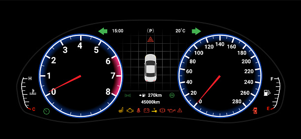 Car digital dashboard speedometer display fuel panel. Car cluster dashboard panel vector design template.