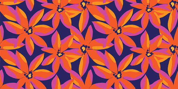 Tropical pattern with exotic hand drawn flowers. Pattern swatch ready in vector color swatch panel. Can be used for textile, fabric print, wallpaper-decor, wrapping paper, home decor, clothing. banner, cover, cards and more