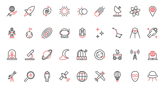 Vector illustration trendy red black thin line icons set space travel universe research technology, astronaut spaceship, moon solar system planets, and futuristic observatory and telescope.