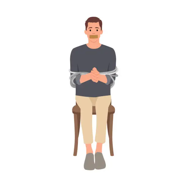 Vector illustration of the man was kidnapped and tied up in a chair. ransom demand.