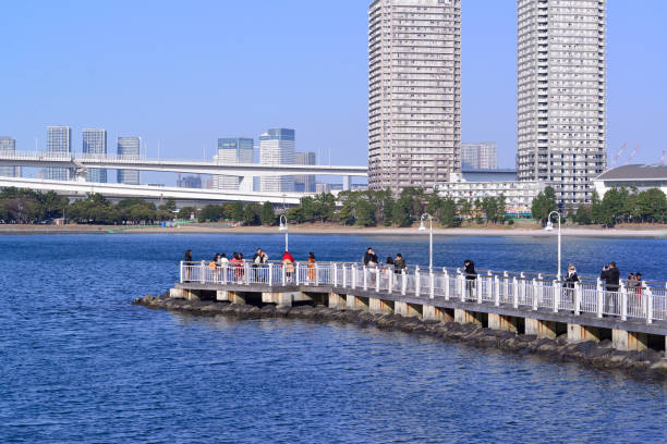 January 31, 2019, Tokyo, Japan, the calm look of Odaiba Seaside Park, the sea level of the coast in the cove