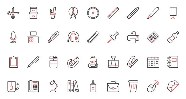 Vector illustration of Office and school supplies, stationary and equipment trendy red black thin line icons, paper documents