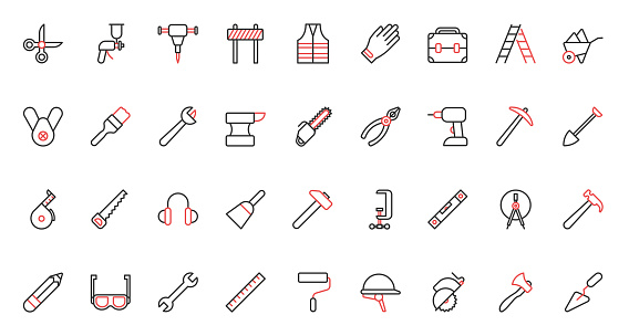 Safety helmet and vest for worker, spanner and hammer, paint. Construction diy tools and equipment for carpentry, building and repair work trendy red black thin line icons set vector illustration