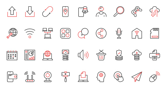 Upload, download and update data and geo location in mobile apps, cyber security of wireless network, virtual reality games. Web communication trendy red black thin line icons set vector illustration.