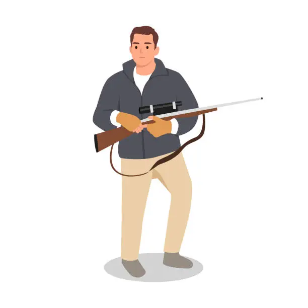 Vector illustration of Young man hunter with gun. Winter hunting character.