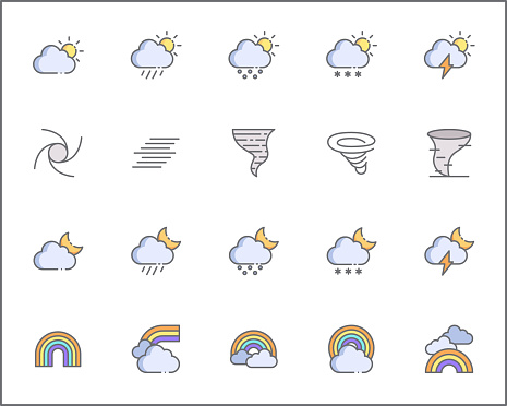 Contains such Icons as sunny, partly sunny, raining, snowing, cloudy, rainbow, weather forecast, rain And Other Elements.