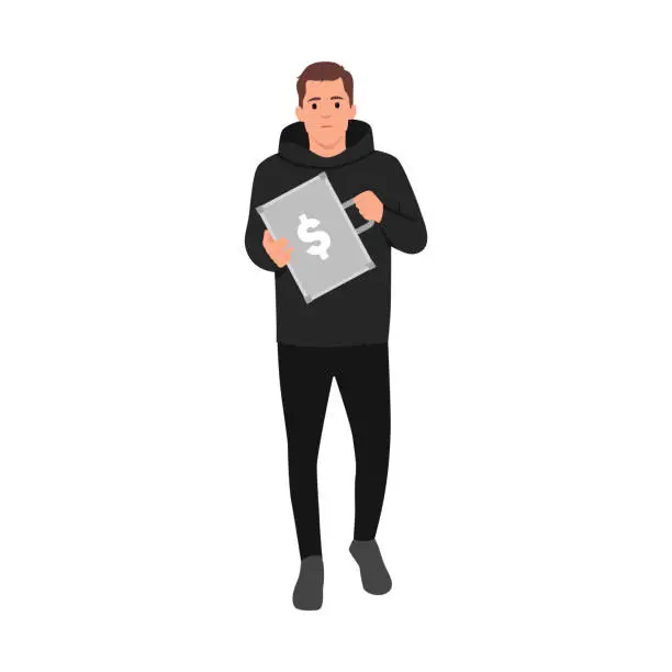 Vector illustration of Man with suitcase full of money. Man wearing black outfit hoodie and holding a suitcase with dollar sign.