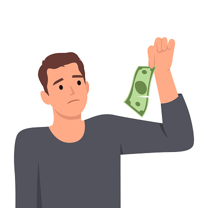 Young man holding ripped money, Broken cash. Man tearing apart money bill in half. Flat vector illustration isolated on white background