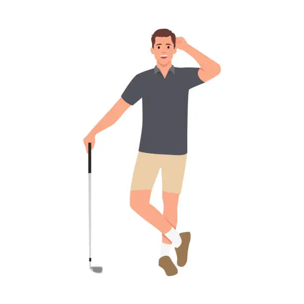 Vector illustration of Male golfer holding a golf club and smiling.