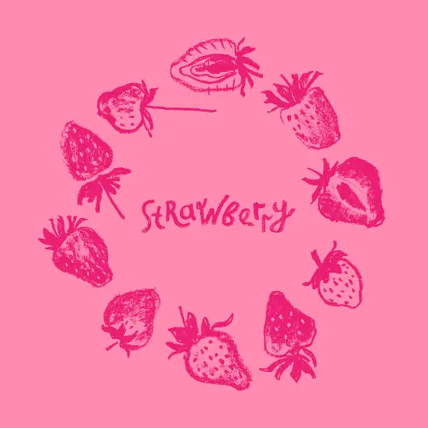 Vector illustration of Strawberry wreath with berries drawings for juice label, cosmetics packaging design, healthy food banner template.