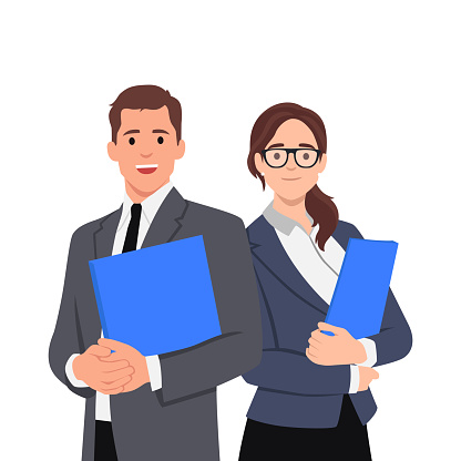 Smiling male and female businessperson holding Folder files Document. Flat vector illustration isolated on white background