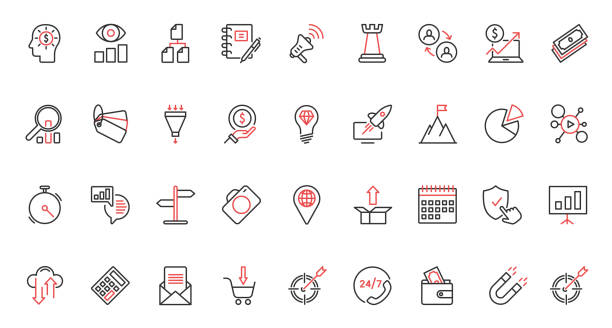 vector illustration set of trendy red black thin line business management and digital marketing icons. - miłość od pierwszego wejrzenia stock illustrations