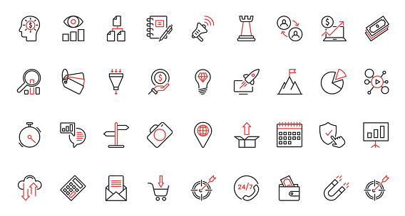 Business management, digital marketing, social media strategy red black thin line icons set vector illustration. Business technology esearch market, target information advertising campaign product