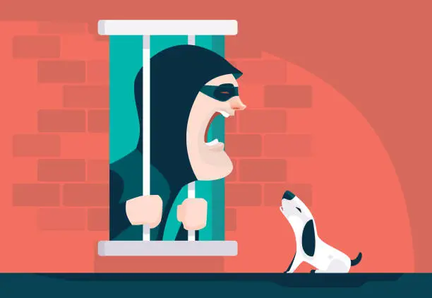 Vector illustration of scammer holding prison bars and screaming and meeting puppy