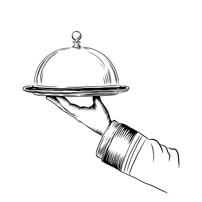 Hand of waiter holding metal tray with cloche. Vector hand drawn Illustration isolated on white. retro restaurant staff for design menu eatery, canteen, cafe, room serves. Vintage stylized drawing. Engraved style