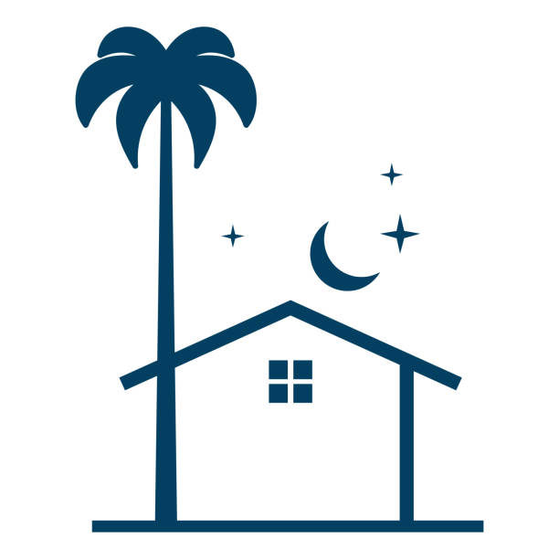 캐빈 코티지 빌라 인 하우스 일러스트 디자인이 있는 간단한 미니멀리스트 비치 팜 코코넛 나무 - villa rinaldi stock illustrations