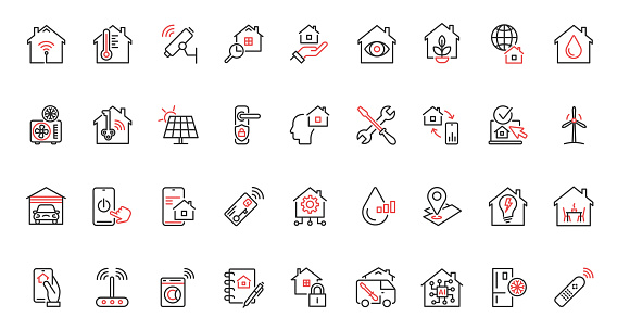 Vector illustration red black thin line icons set smart home devices, virtual reality technology, autonomous lighting automated software to control temperature house, air conditioner drone