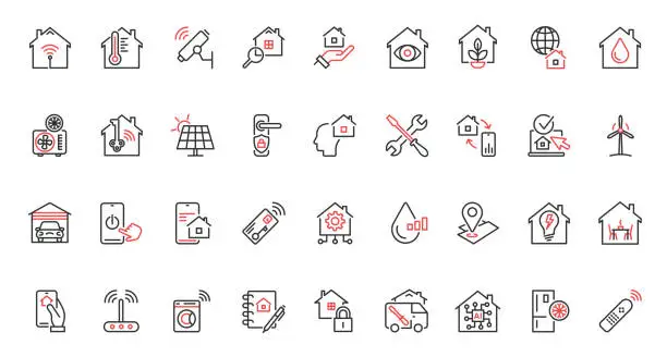 Vector illustration of Smart home devices trendy red black thin line icons set, virtual reality technology, autonomous lighting