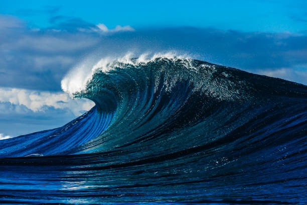 istock Large blue wave with perfect curl breaking in the open ocean over a shallow reef bombora 2024540085