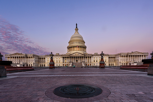 The east front faces the United States Capitol building at sunrise