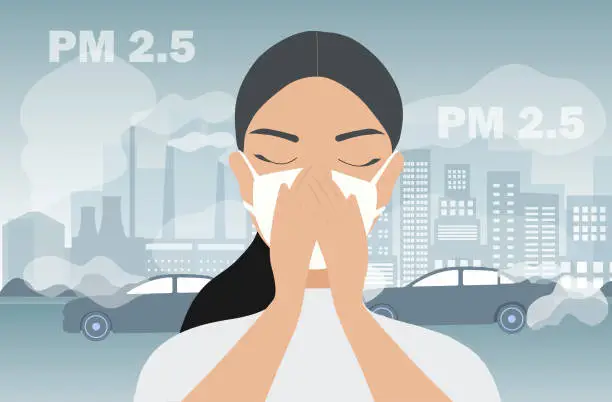Vector illustration of Woman wearing face masks tor protect P.M. 2.5 smoke, dust and air pollution in city, factory pipes and industrial smog vector illustration. Environment and air pollution concept background