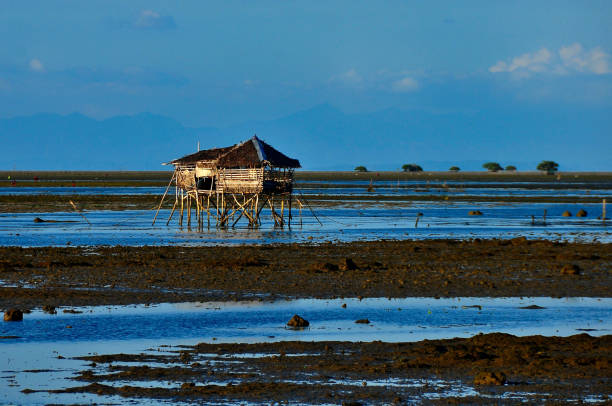 A fisherman's hut, to which one could seek shelter and relax, stands alone near the shore on a low tide afternoon .
