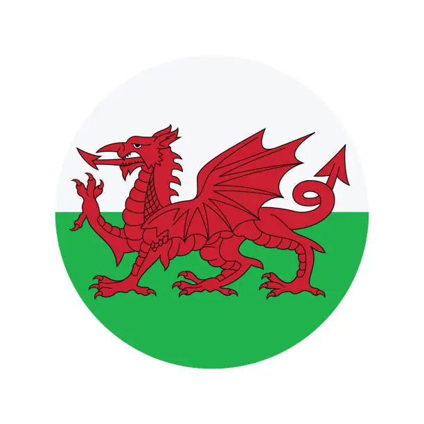 Vector illustration of Wales flag. Button flag icon. Standard color. Circle icon flag. 3d illustration. Computer illustration. Digital illustration. Vector illustration.