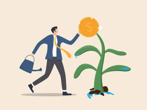 Vector illustration of businessman planting trees that bear money, investment illustration