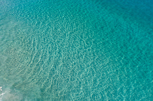 Aerial view of shallow sandy beach with aqua marine blue ocean. Western Australia.