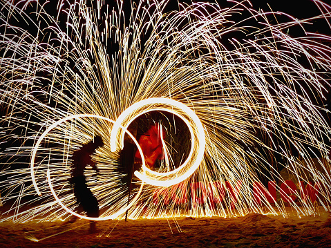 Fire Performance - Fire Dancer on the Beach. Motion Blurred Abstract of Fire Performance on Public Beach in Thailand. Circling Fireworks building a beautiful Black Hole like Abstract in the Night. Strong Motion Blur, Background Abstract. Thailand Beach, Southeast Asia.