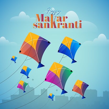 Happy maker Sankranti festival kite on blue background stock illustration