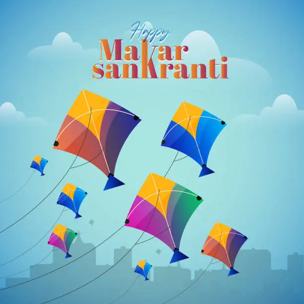 Vector illustration of Happy maker Sankranti festival kite on blue background