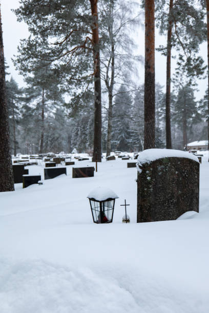 grave stones at cemetery covered in snow