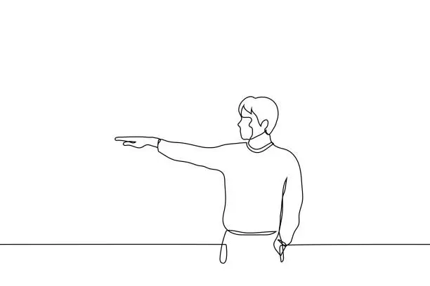 Vector illustration of man indicates the direction with his left hand - one line drawing vector. left pointer concept