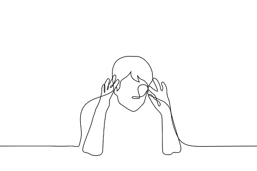 man sits and rubs his temporal lobes with his fingers - one line drawing vector. concept of intense thinking, headache or migraine