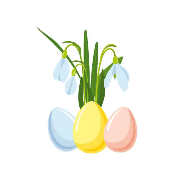 Vector illustration of vector illustration of Easter theme, bouquet of spring flowers snowdrops and multicolor pastel Easter eggs, spring party illustration on white background