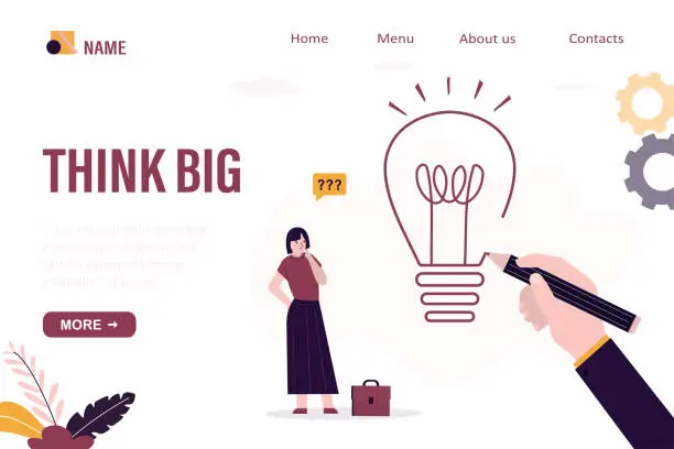 Vector illustration of Businesswoman thinking about new idea. Think big, landing page template. Aspiration to success in business, idea from creativity and imagination. Mentor draws lightbulb