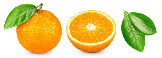 ripe oranges with a slice isolated on a white background with clipping path