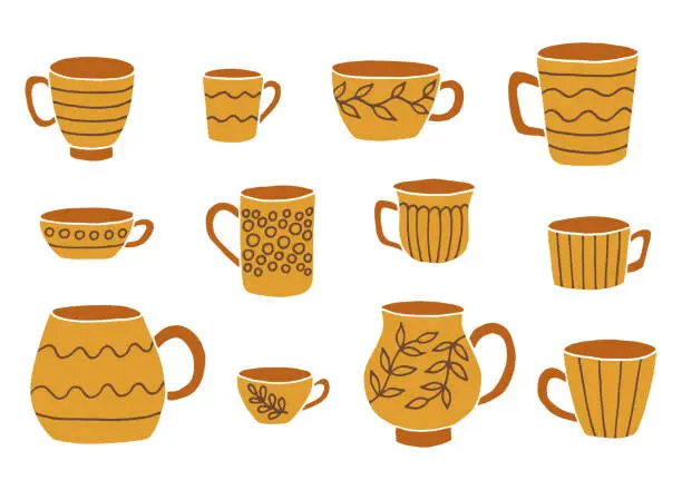 Vector illustration of Hand drawn cup mug. Set of cups in doodle cartoon style. Vector illustration isolated.