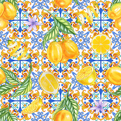 Mediterranean seamless pattern. Blue majolica tiles and yellow lemons endless background. Sicilian traditional print for fabric and wallpaper. Blue azulejo.