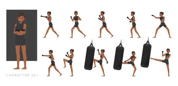 Vector illustration of Big Set of Mixed Martial Arts woman character vector design. Presentation in various action with emotions, running, standing and walking.