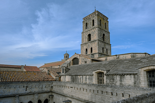 Cloister and tower of the Church of St Trophime, Saint Trophime cathedral, Arles, Provence, France.
